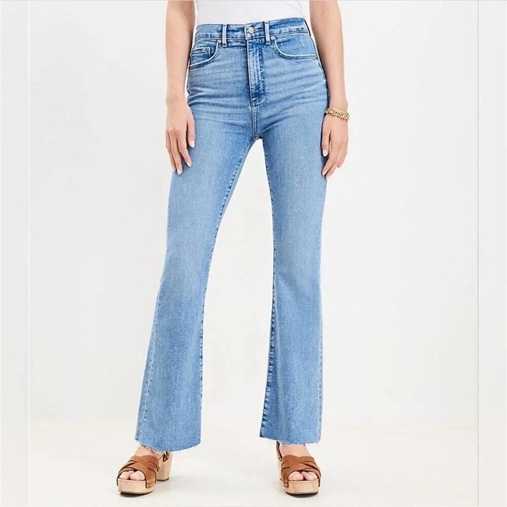 LOFT Womens High Rise Flare Jeans Raw Hem Size 27 Medium Wash Y2K Denim Fall